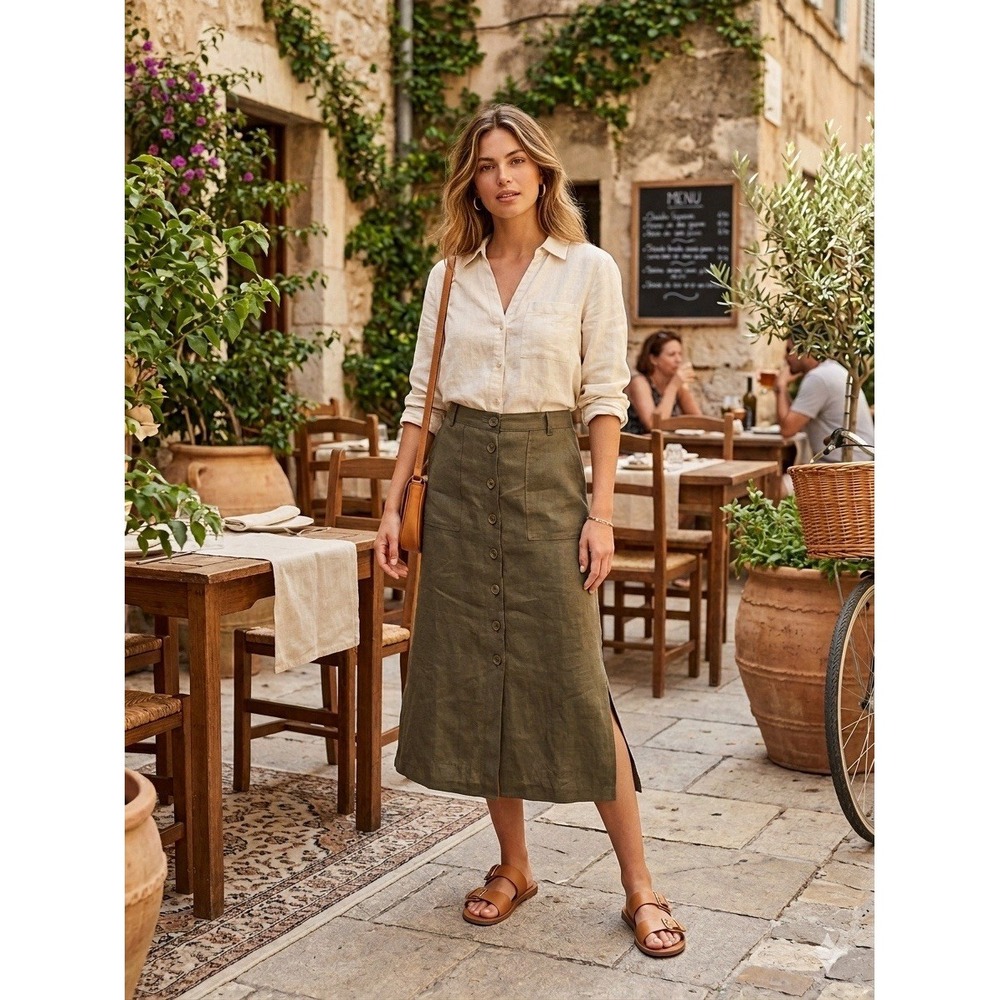 Talbots 100% Linen Button Front Midi Skirt Side Slits 6P Olive Green Classic